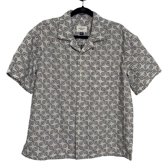 AMERICAN EAGLE Mens Short Sleeve Button Down Geometric Shirt Jacquard NWOT M - Picture 1 of 6